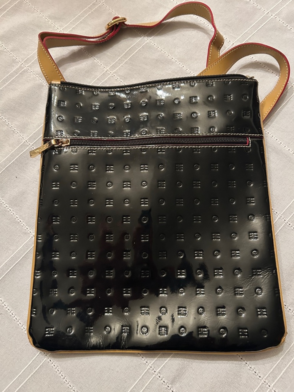 Arcadia Black Patent Crossbody with Tan Strap